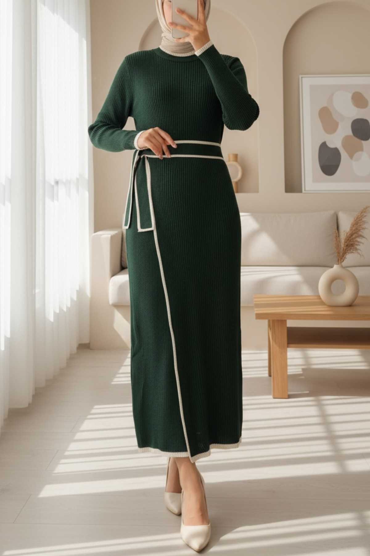 Side Tie Skirted Allerli Knit Dress -Emerald
