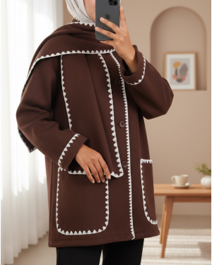 Button Front Scarf Pocket Jacket -Brown