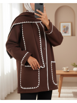 Button Front Scarf Pocket Jacket -Brown