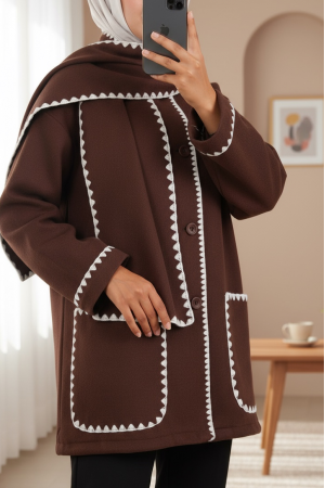 Önü Düğmeli Atkılı Cepli Ceket -Kahve