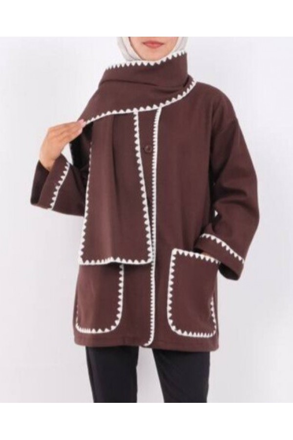 Button Front Scarf Pocket Jacket -Brown
