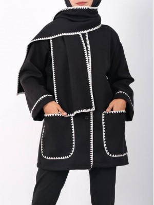 Button Front Scarf Pocket Jacket -Black