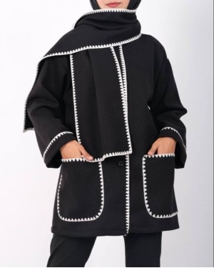 Button Front Scarf Pocket Jacket -Black