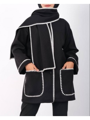 Önü Düğmeli Atkılı Cepli Ceket -Siyah