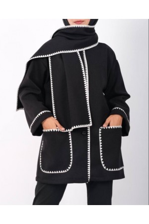 Önü Düğmeli Atkılı Cepli Ceket -Siyah