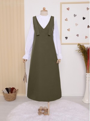 Long Gilet With Tied Shoulders        -Khaki