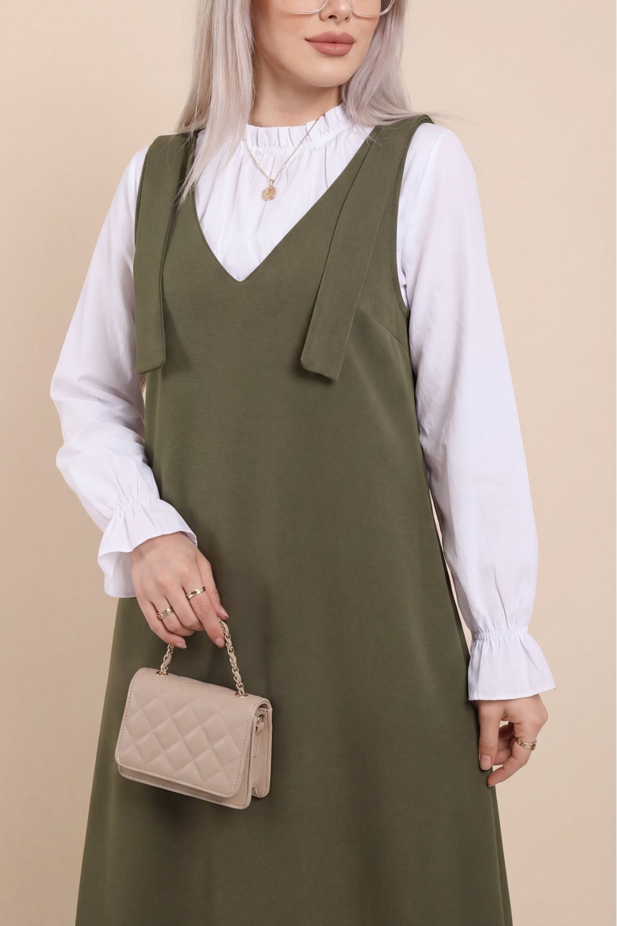 Long Gilet With Tied Shoulders        -Khaki