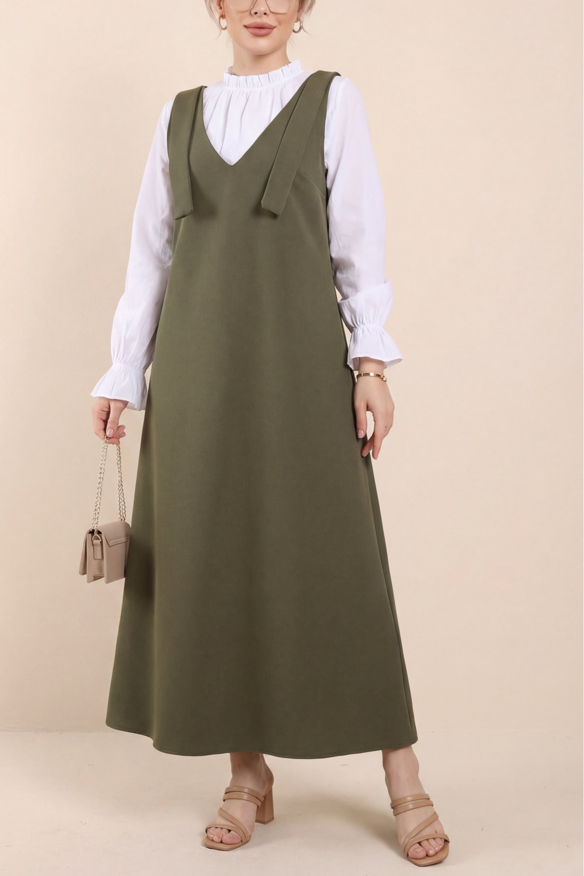 Long Gilet With Tied Shoulders        -Khaki