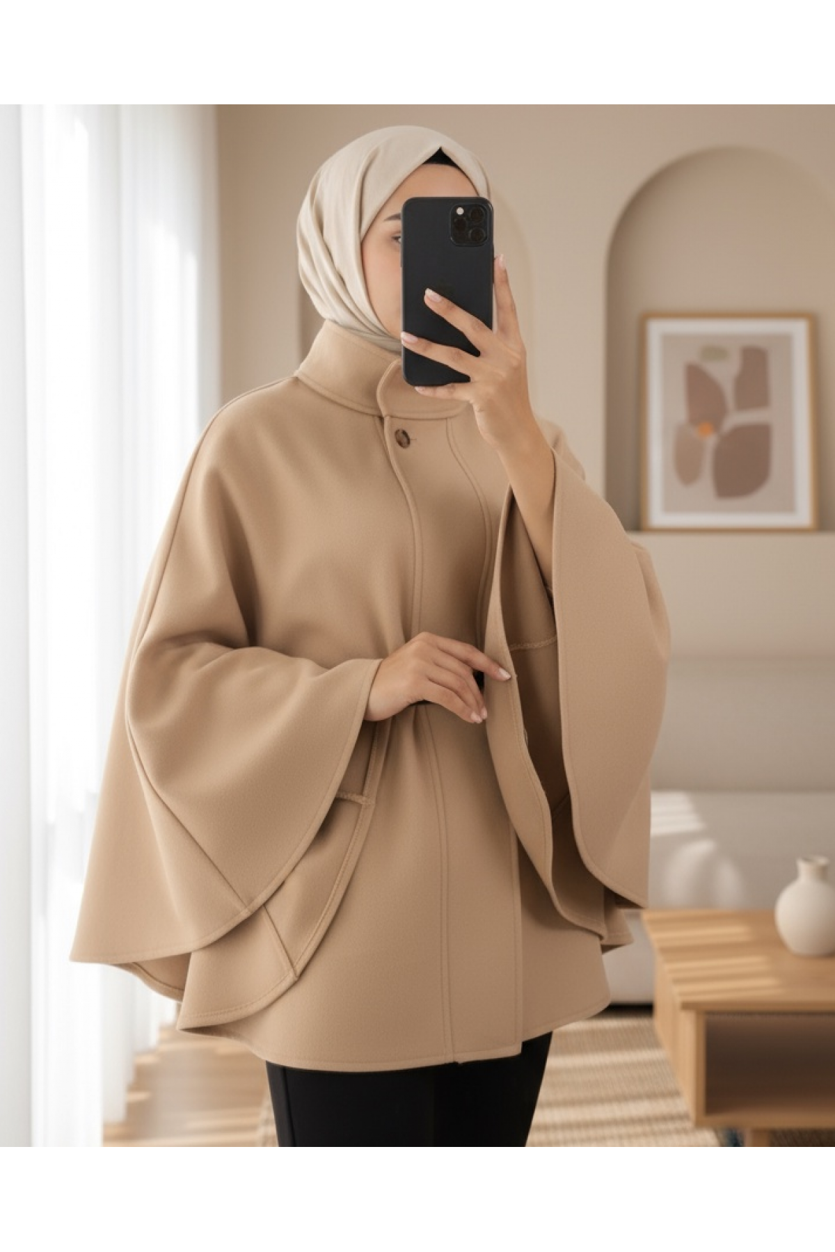 Single Button Belted Poncho -Mink color