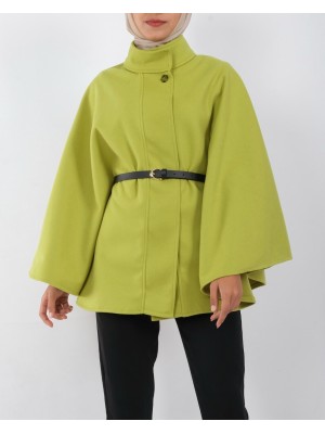 Tek Düğme Kemerli Panço -Yağ Yeşili