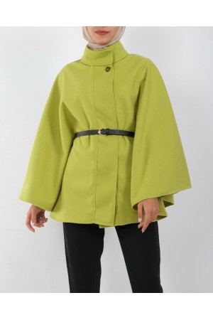 Tek Düğme Kemerli Panço -Yağ Yeşili