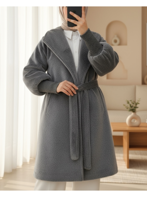 Kolu Ribanalı Şal Yaka Astarlı Kaşe Kaban -Füme