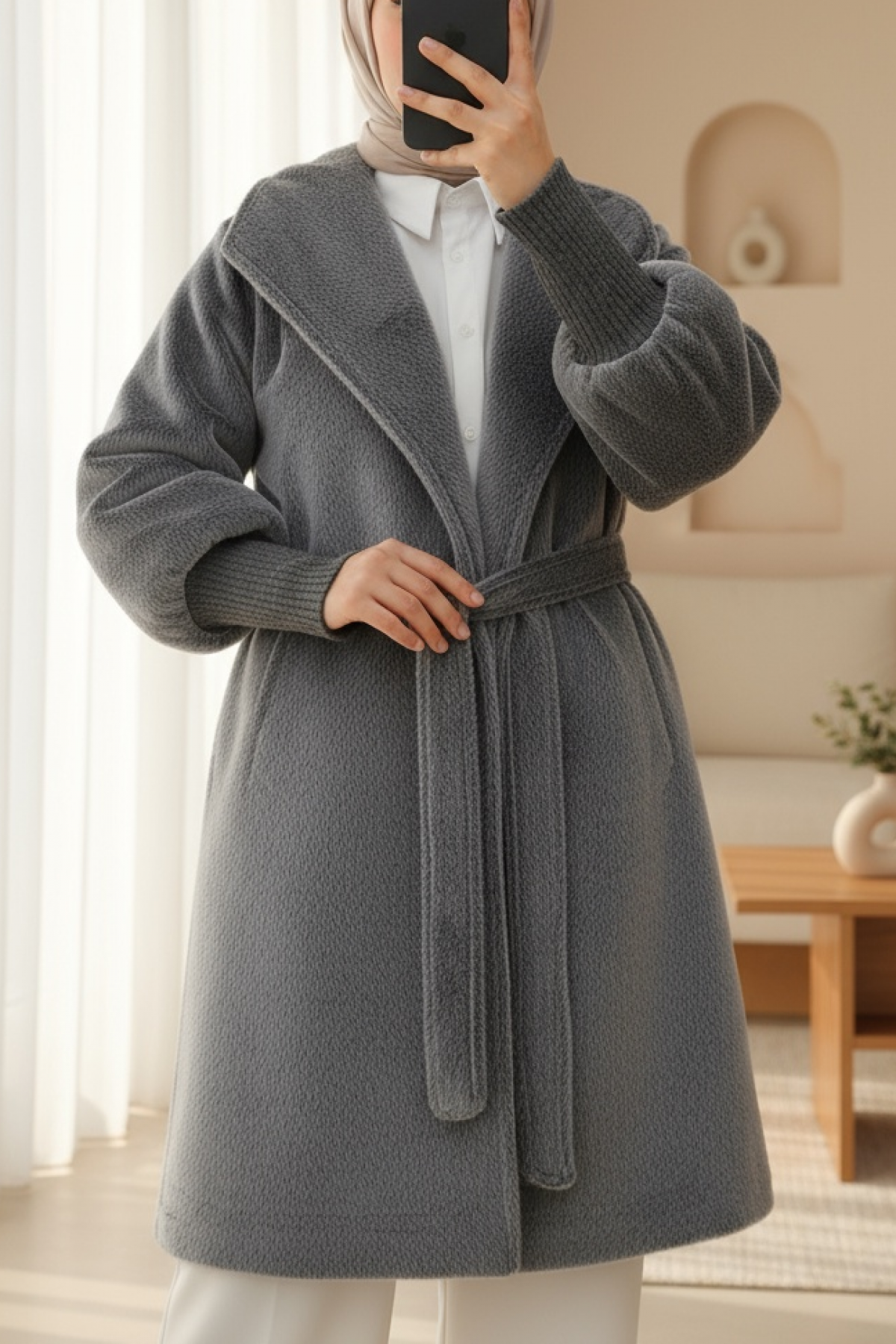 Shawl Collar Lined Cashmere Coat with Ribbed Sleeves -Smoked 