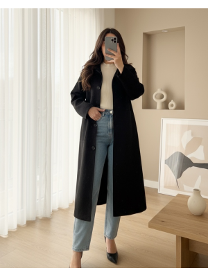 Boydan Düğmeli Cepli Kaban -Siyah