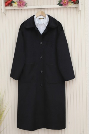 Boydan Düğmeli Cepli Kaban -Siyah