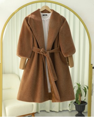 Shawl Collar Lined Cashmere Coat with Ribbed Sleeves  -Snuff