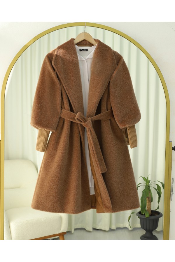Shawl Collar Lined Cashmere Coat with Ribbed Sleeves  -Snuff
