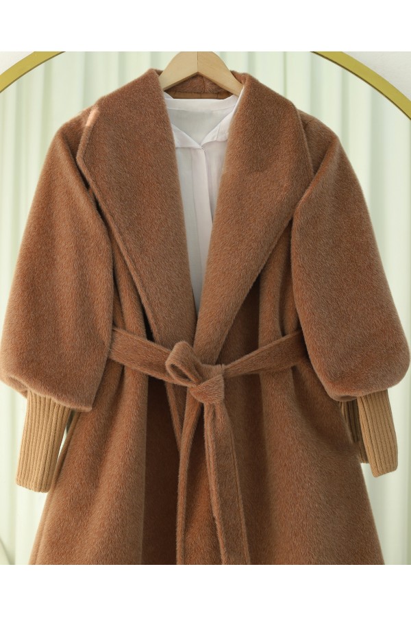 Shawl Collar Lined Cashmere Coat with Ribbed Sleeves  -Snuff