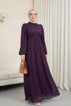 Kolu Lastikli Sim Çizgili Kemerli  Elbise -Mor
