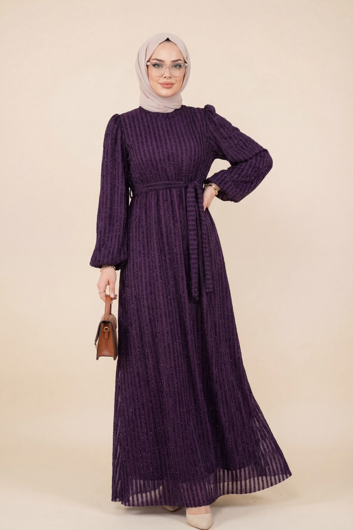 Elastic Sleeve Glitter Striped Belted Dress - Purple