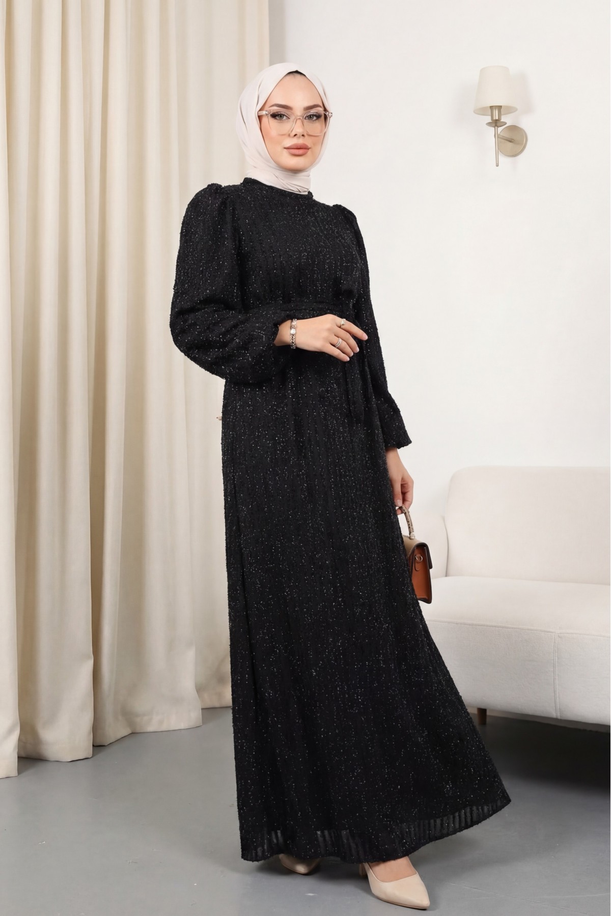 Elastic Sleeve Glitter Striped Belted Dress -Black