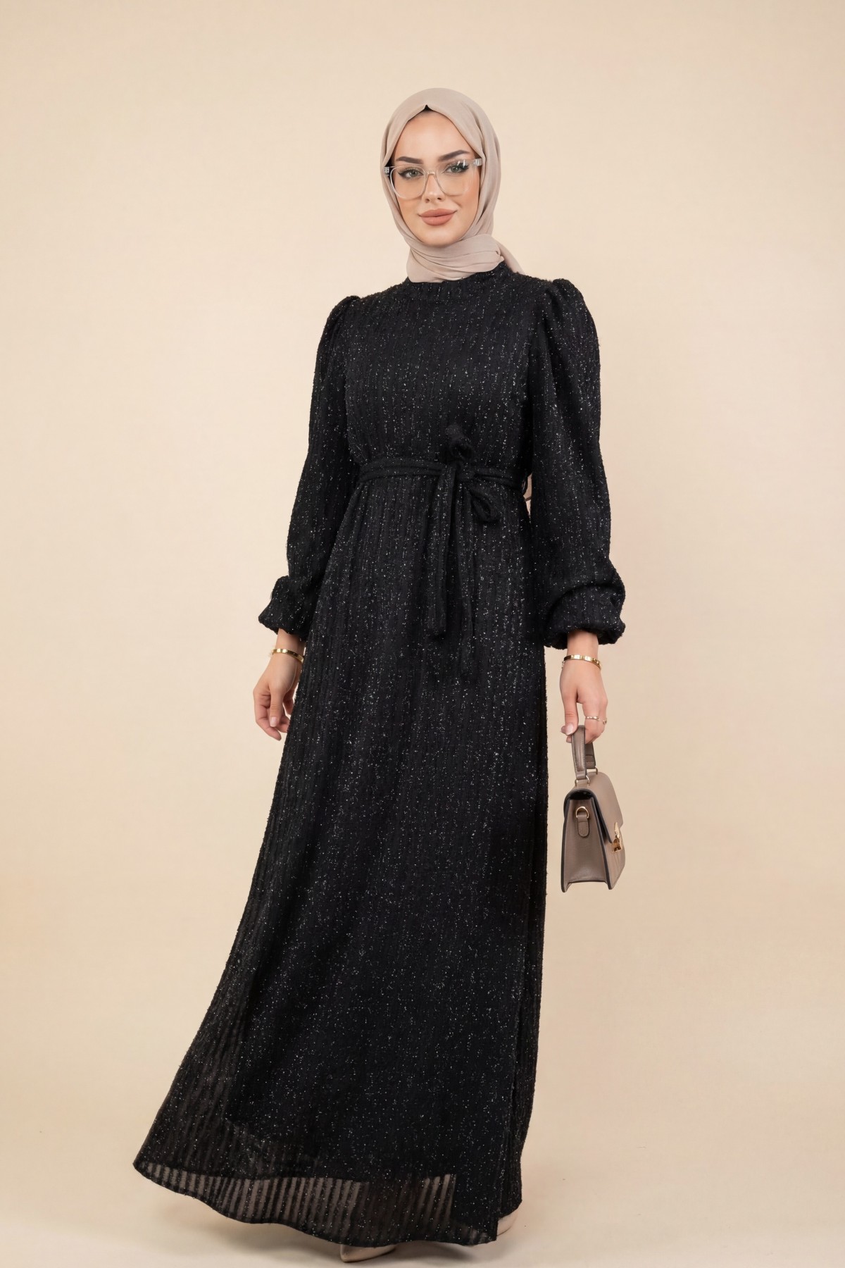 Elastic Sleeve Glitter Striped Belted Dress -Black