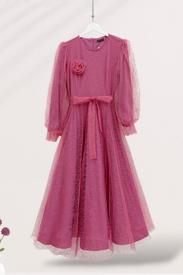 Glittery Fluffy Tulle Evening Dress with Elasticated Sleeves and Belt -Dried rose