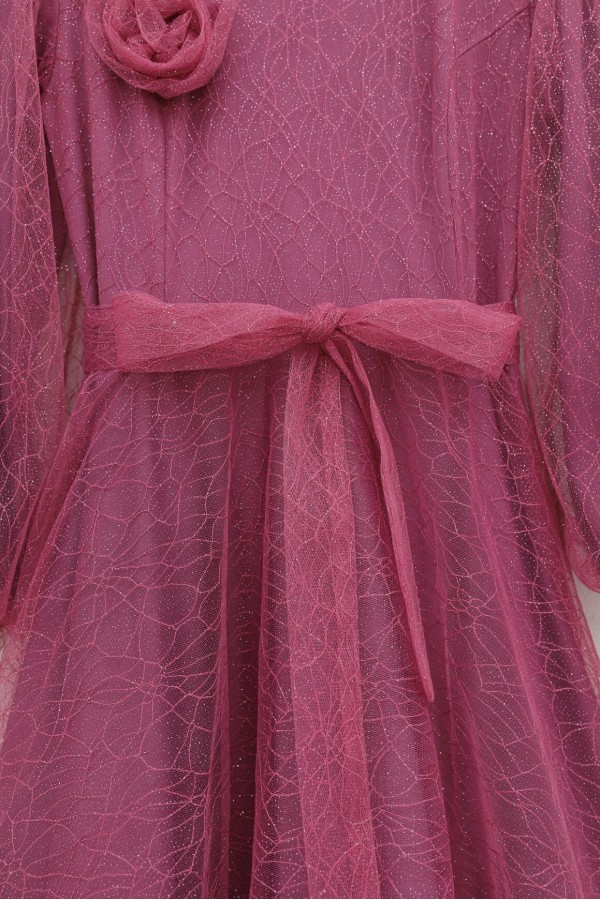 Glittery Fluffy Tulle Evening Dress with Elasticated Sleeves and Belt -Dried rose