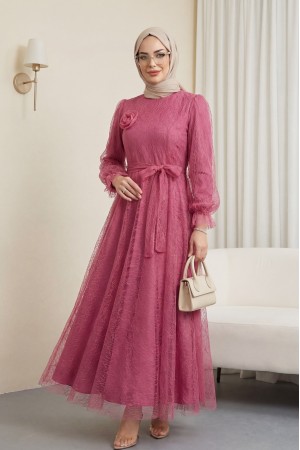 Kolu Lastikli Kuşaklı Simli Kabarık Tül  Abiye -G.Kurusu