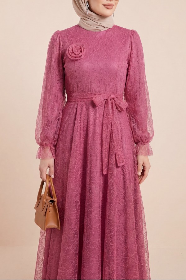 Glittery Fluffy Tulle Evening Dress with Elasticated Sleeves and Belt -Dried rose