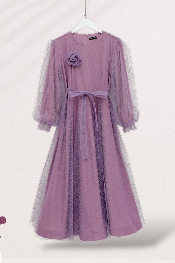 Glittery Fluffy Tulle Evening Dress with Elasticated Sleeves and Belt -Lilac