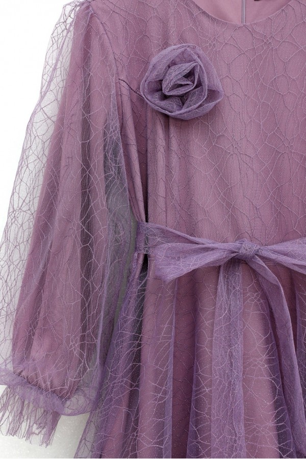 Glittery Fluffy Tulle Evening Dress with Elasticated Sleeves and Belt -Lilac