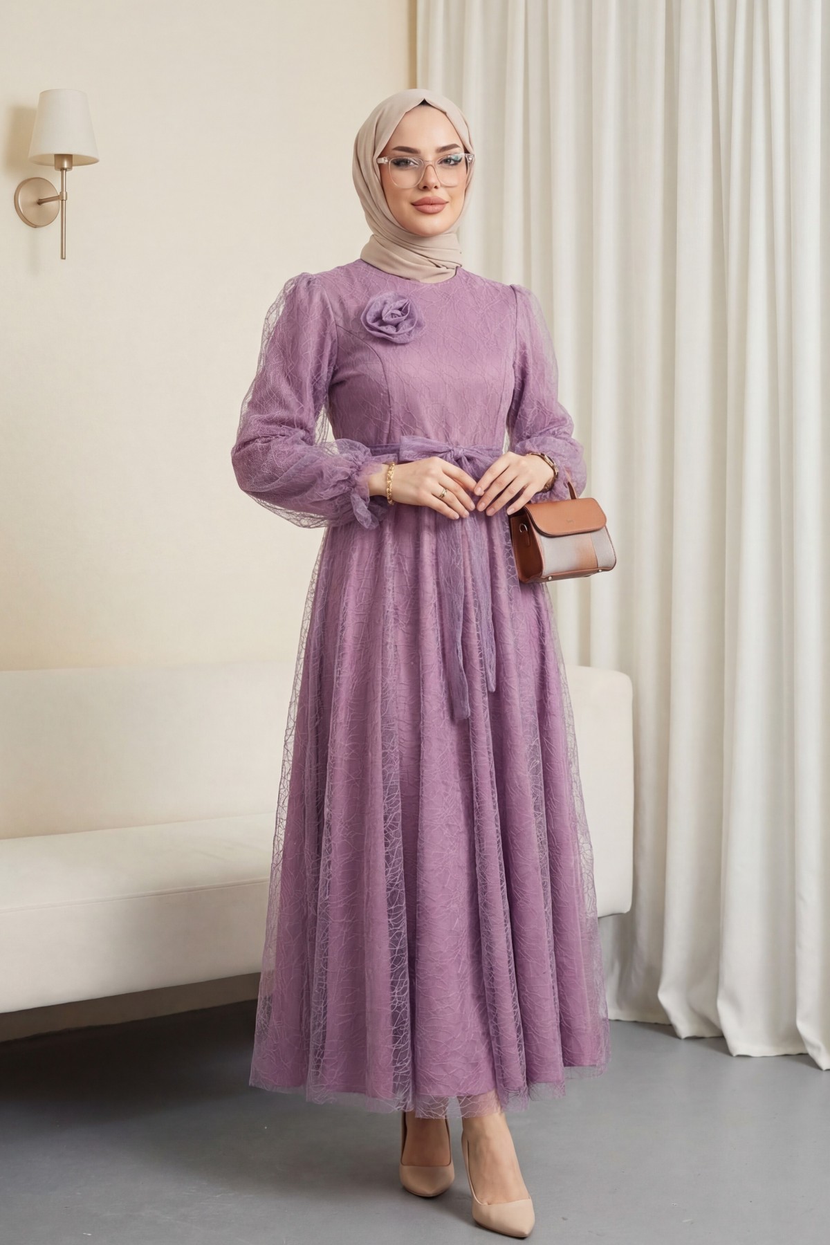 Glittery Fluffy Tulle Evening Dress with Elasticated Sleeves and Belt -Lilac