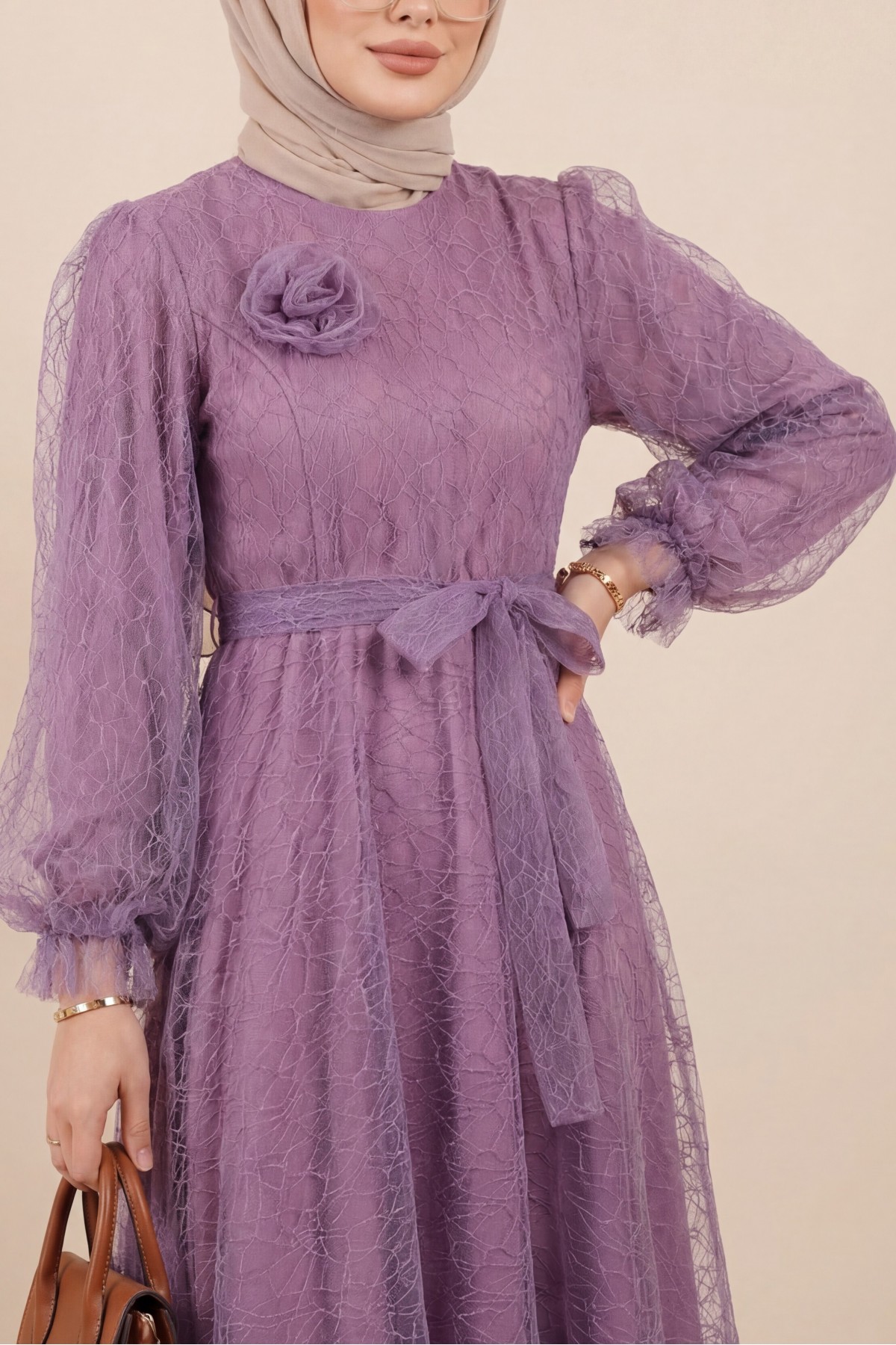 Glittery Fluffy Tulle Evening Dress with Elasticated Sleeves and Belt -Lilac