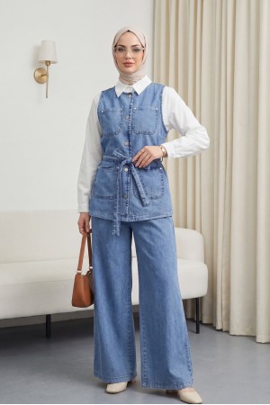Bol Paça Pantolonlu Cepli Düğmeli Yelekli Kot Takım -Buz Mavi