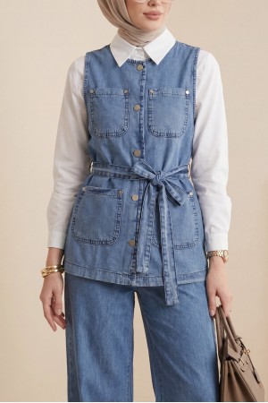 Bol Paça Pantolonlu Cepli Düğmeli Yelekli Kot Takım -Buz Mavi