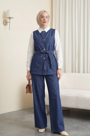 Bol Paça Pantolonlu Cepli Düğmeli Yelekli Kot Takım -İndigo
