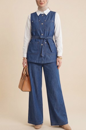 Bol Paça Pantolonlu Cepli Düğmeli Yelekli Kot Takım -İndigo