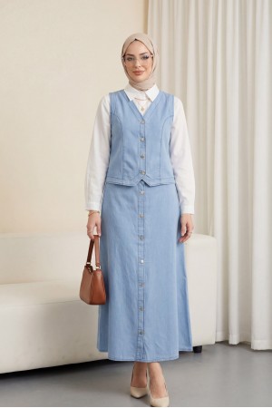 Yelek Etek Düğmeli Kot Takım -Açık Mavi