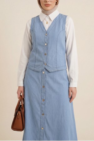 Yelek Etek Düğmeli Kot Takım -Açık Mavi