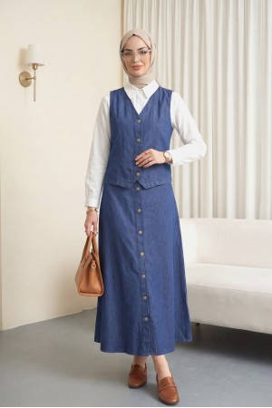 Yelek Etek Düğmeli Kot Takım -İndigo