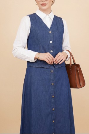 Yelek Etek Düğmeli Kot Takım -İndigo