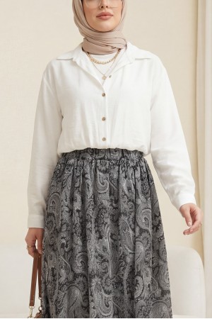 Crop Badyli  Kolyeli Arkası Uzun Gömlek -Ekru