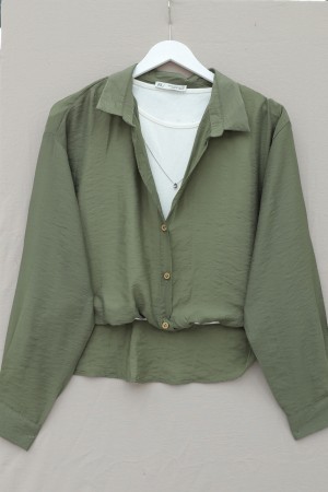 Crop Badyli  Kolyeli Arkası Uzun Gömlek -Haki