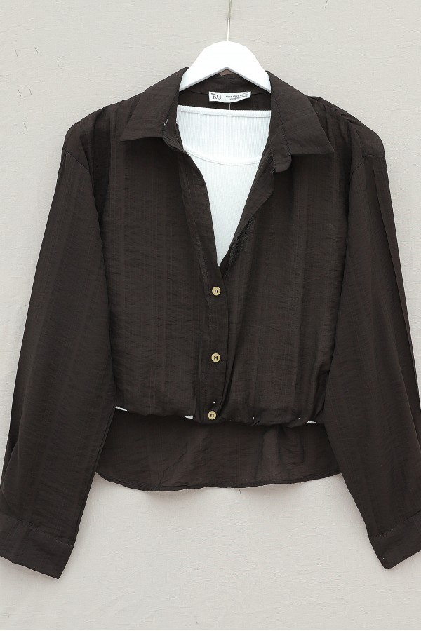 Crop Bodysuit with Necklace, Long Back Shirt -Dark Coffee