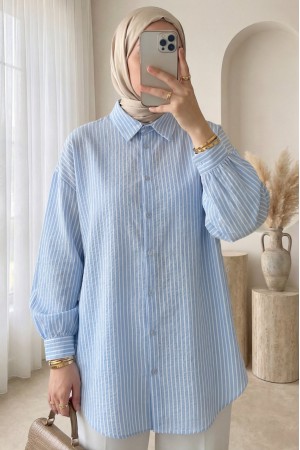 Çizgili Düğmeli Arkası Uzun Salaş Gömlek -Buz Mavi