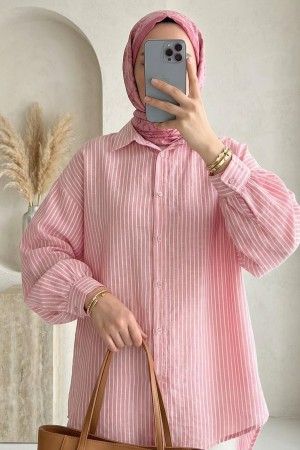 Çizgili Düğmeli Arkası Uzun Salaş Gömlek -Pembe