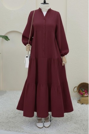 V Yaka Yarım Düğmeli Kolu Lastikli Parçalı Müslin Elbise -Bordo