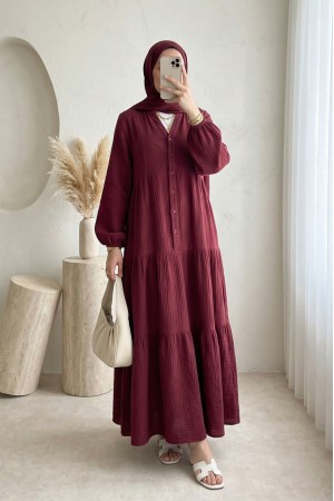 V Yaka Yarım Düğmeli Kolu Lastikli Parçalı Müslin Elbise -Bordo