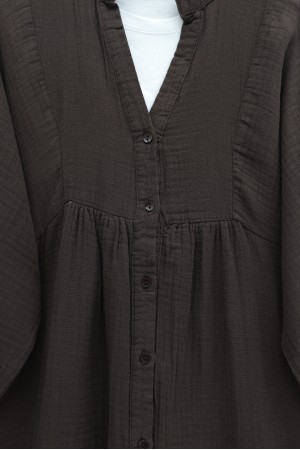 V-Neck Half-Buttoned Elasticated Sleeve Patchwork Muslin Dress -Dark Coffee